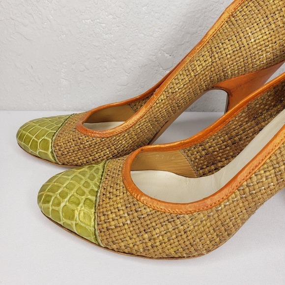 PRADA Woven Color Block Orange Croc Cap Toe Green Leather Trim Pumps Size 37 EU - Picture 8 of 15